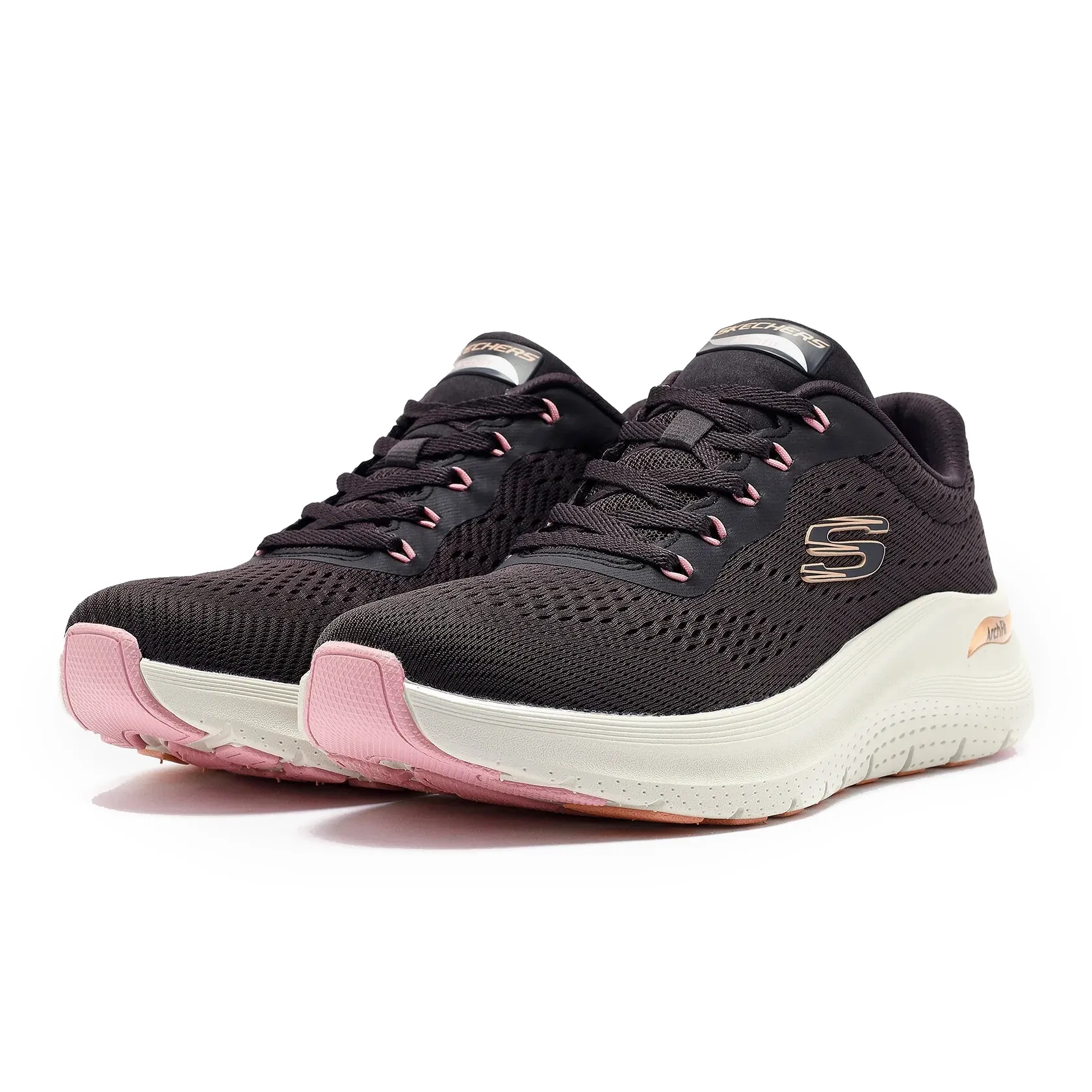 Tênis casual feminino Skechers preto com detalhes em rosa vista lateral para ajuste e conforto
